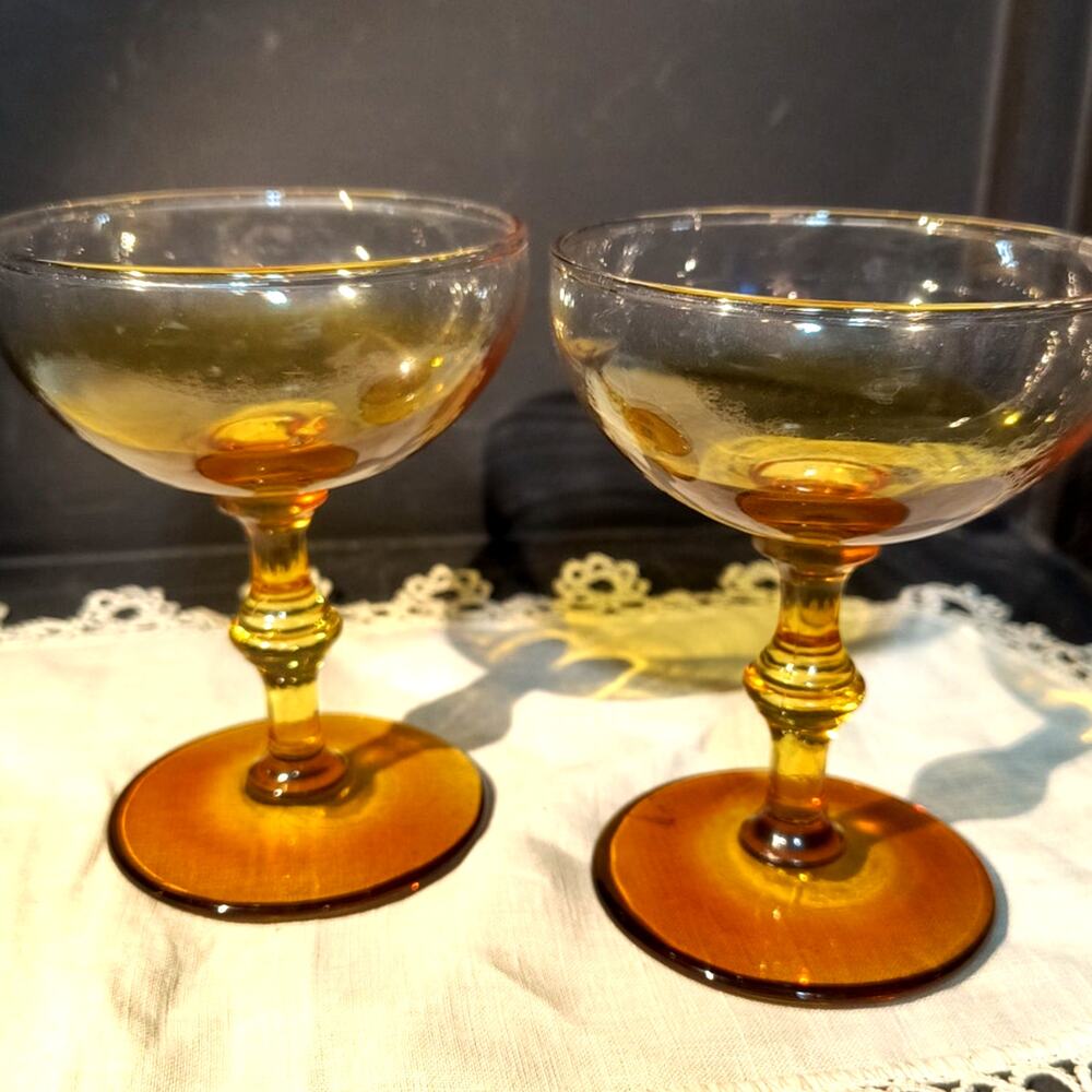 1009. Amber Champagne Sherbet Glasses Vintage